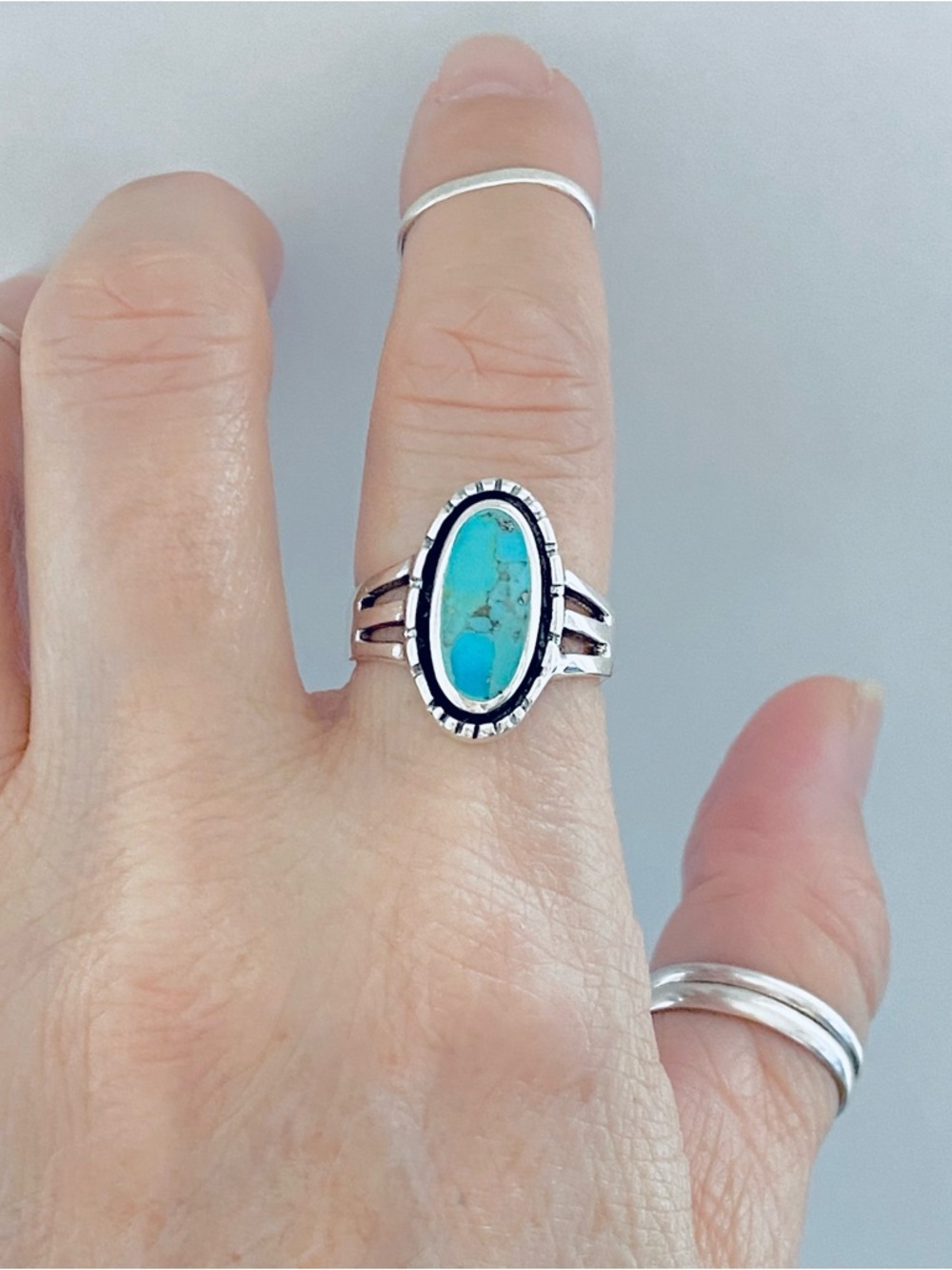 Sterling Silver Oval Genuine Turquoise Ring, Statement Rings, Stone Jewelry - Picture 8 of 14